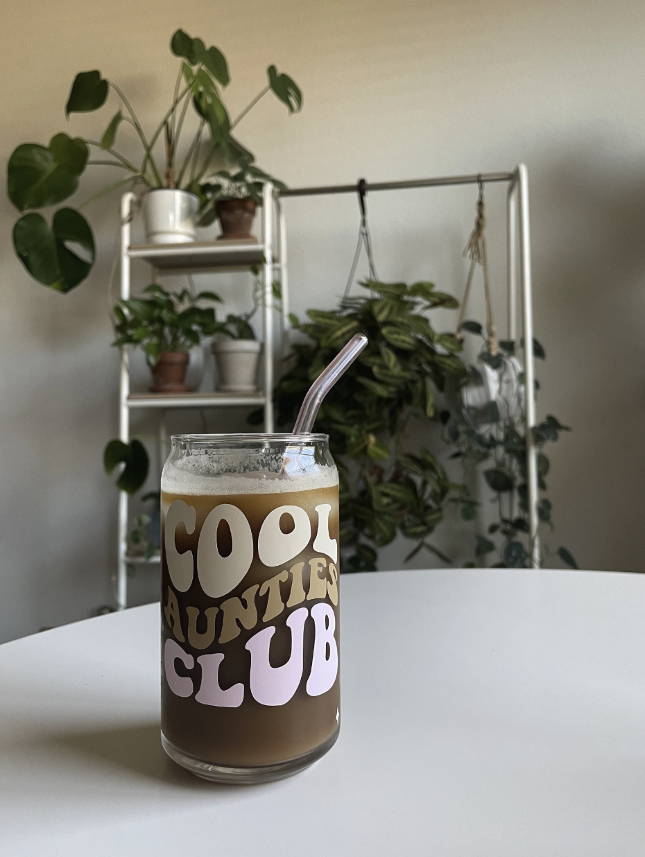 Cool Aunties Club — handmade glass cup with bamboo lid and straw