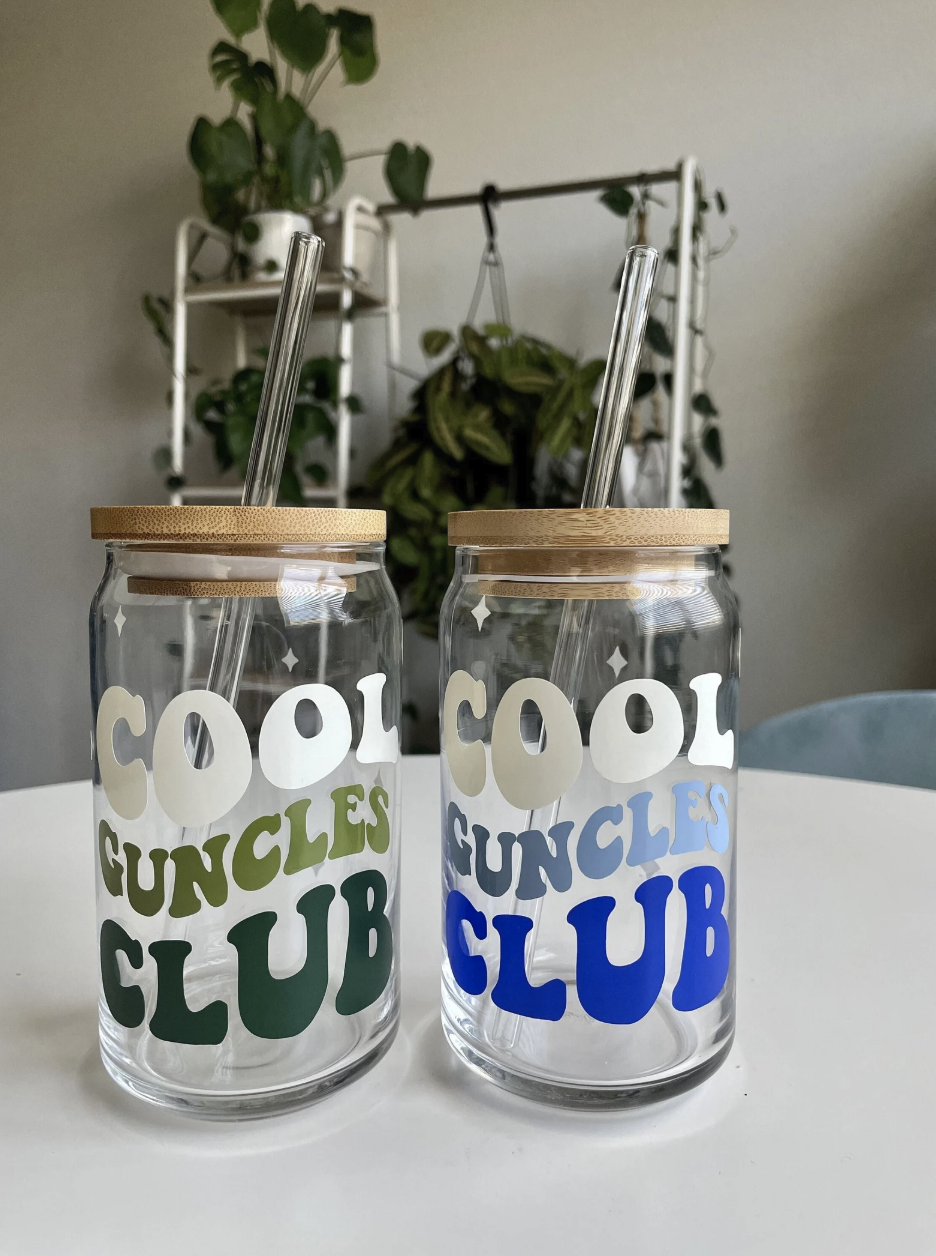 Cool Guncles Club — handmade glass cup with bamboo lid and straw