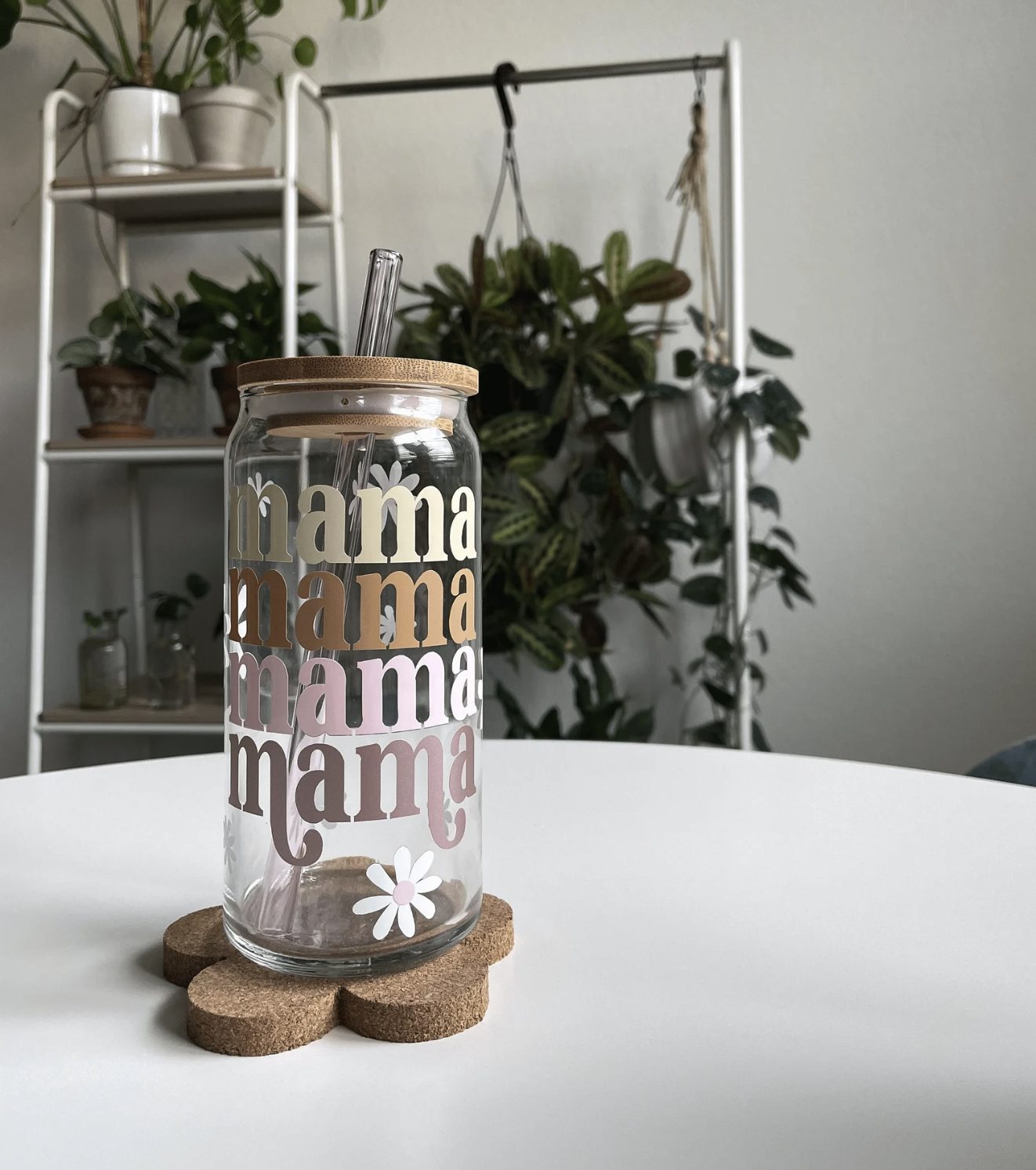 Mama Daisy Cup — handmade glass cup with bamboo lid and straw
